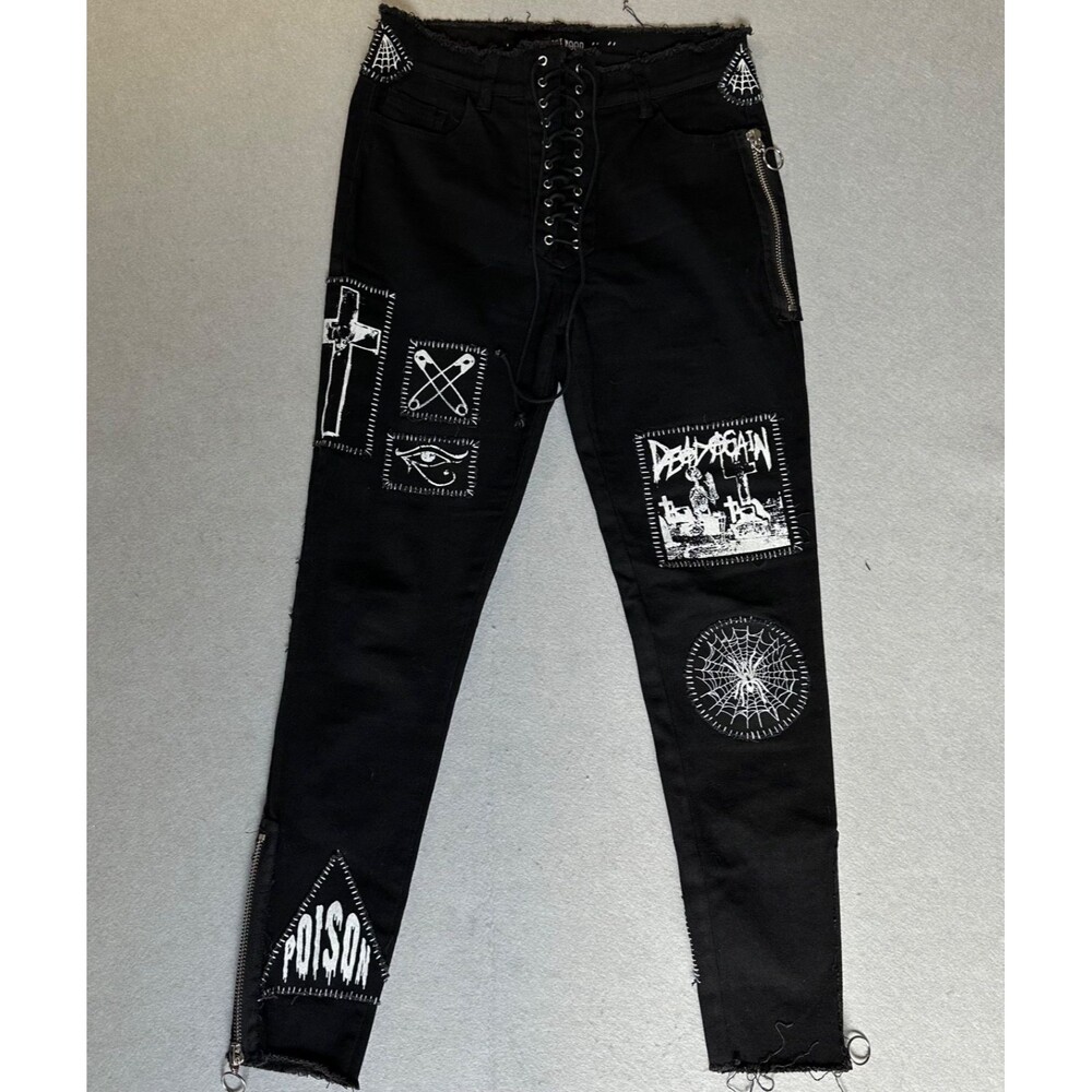 Dolls Kill Current Mood Crust Pants Women L Black Lace Up Patch Punk Mall Goth